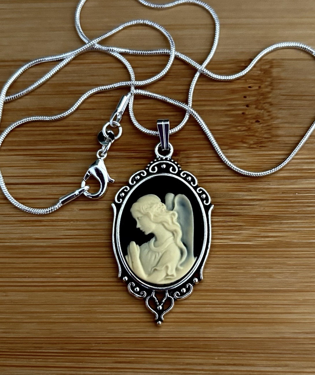 Praying Angel Cameo Necklace, Cream on Black Vtg Pendant, Sterling Silver Chain