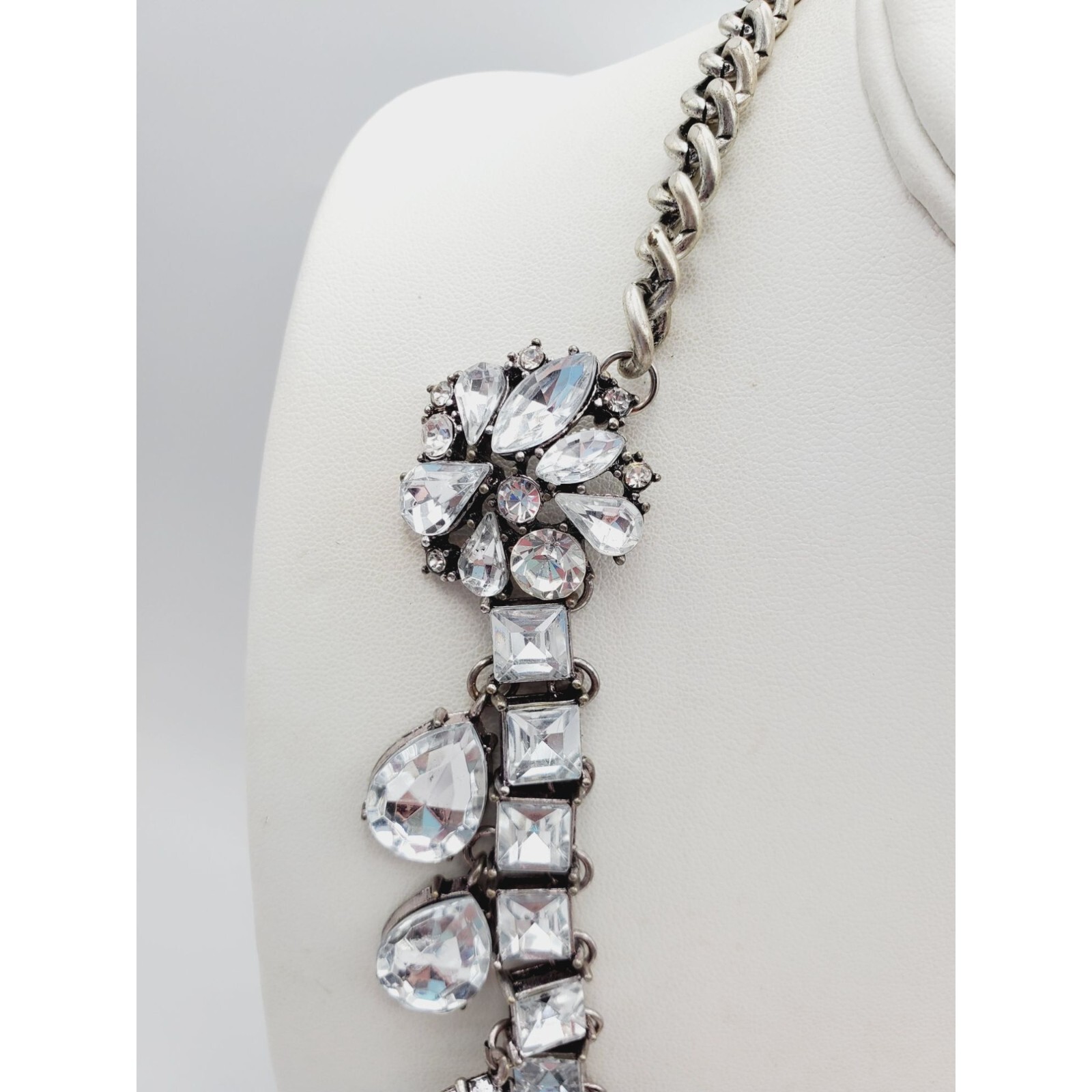 Statement silver tone Rhinestone flower square tear drop pear Necklace 18″