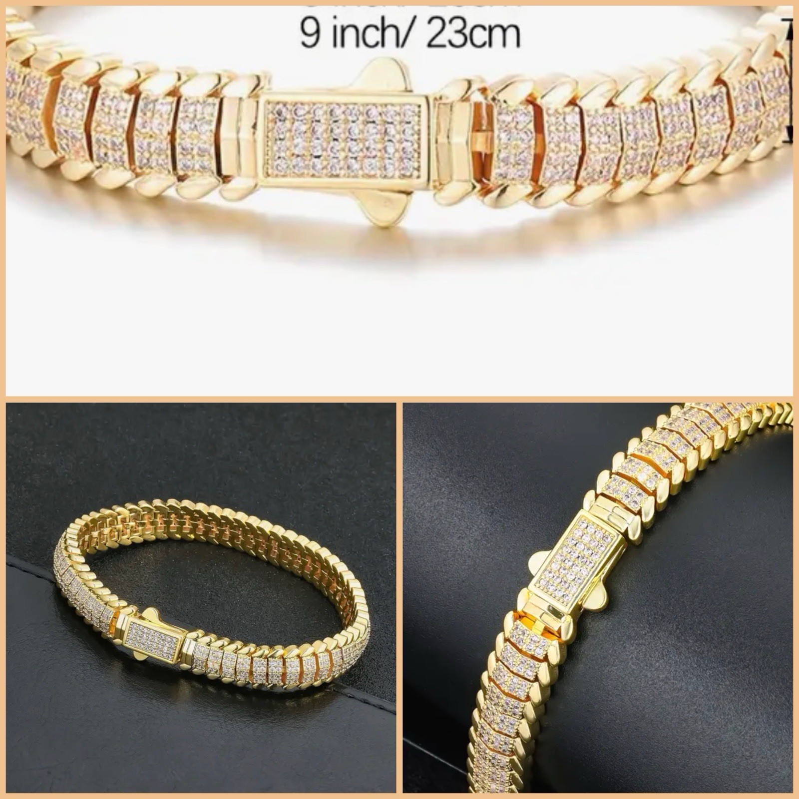 Iced Out 9mm/0.35inch Snake Bone Polygonal Goldtone Men’s Bracelet👌