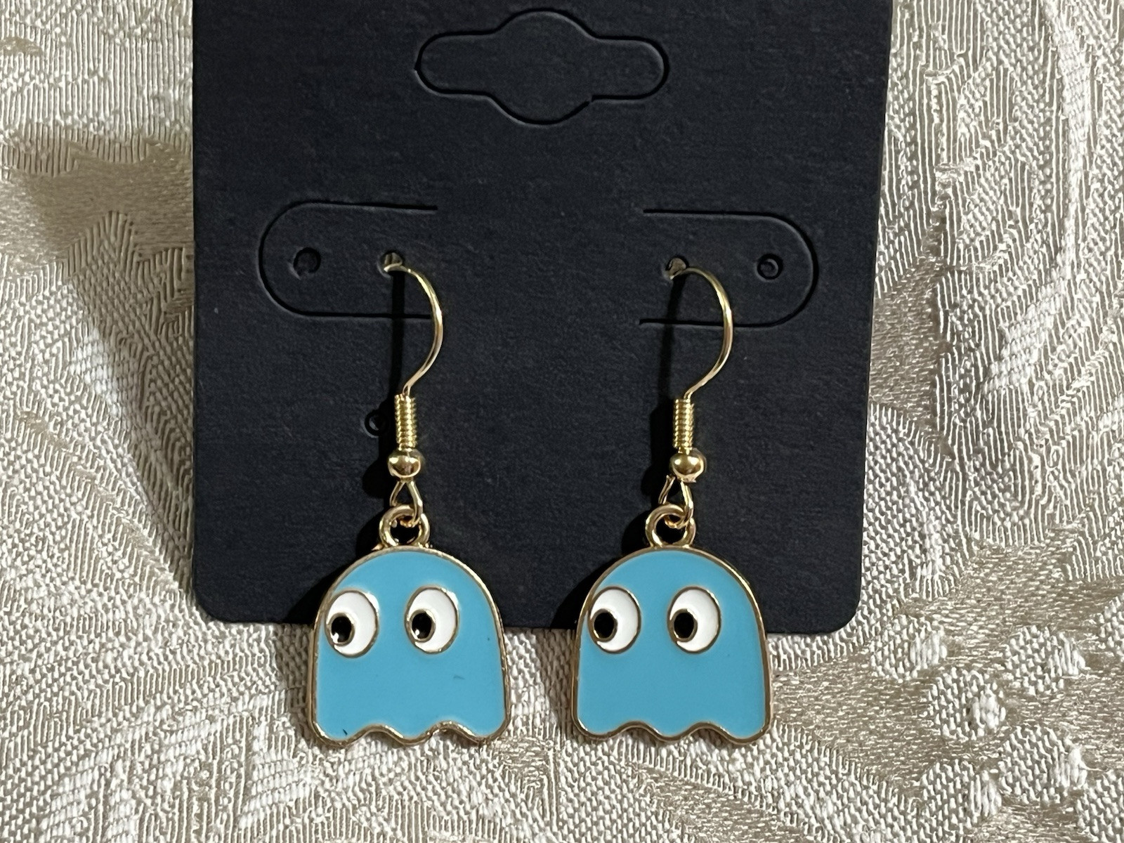 PAC Man INKY BLUE GHOST Gold Loop Enamel Drop Dangle Adorable Earring Set