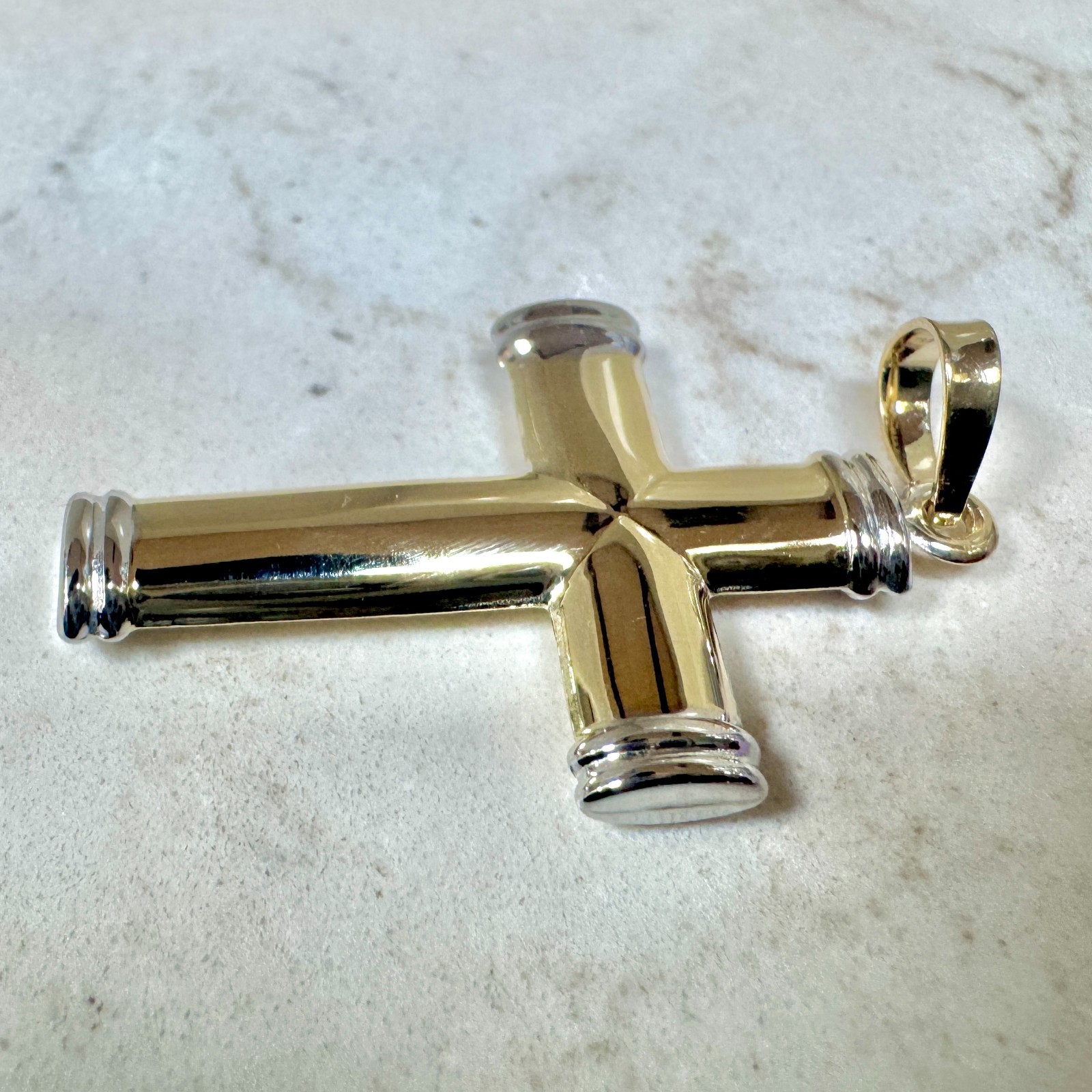 9ct Yellow and White Gold Hollow Tube Plain Cross Pendant Free Shipping