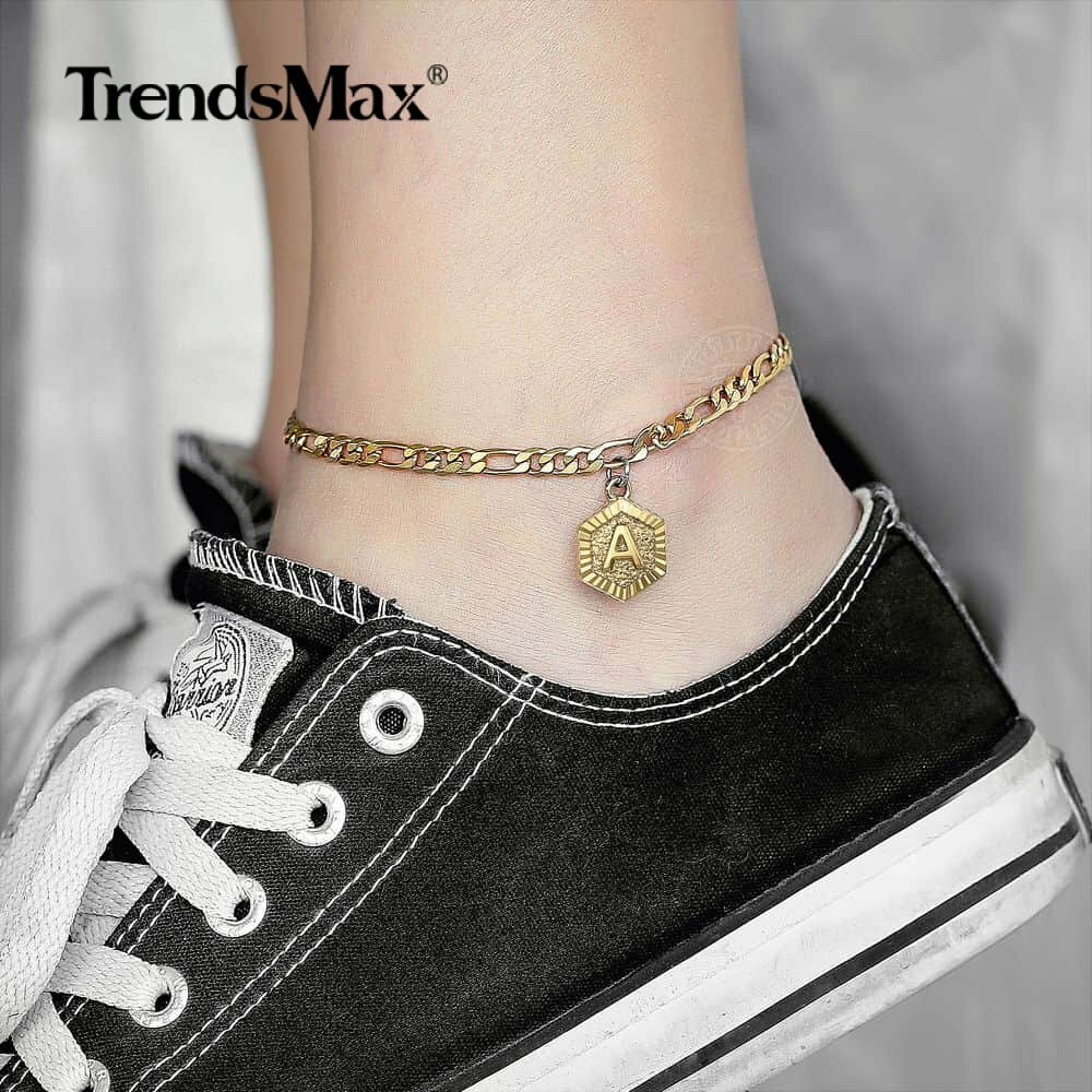 5mm Gold Plated Figaro Chain Initial Charm Anklet Bracelet Stainless Steel Ankle