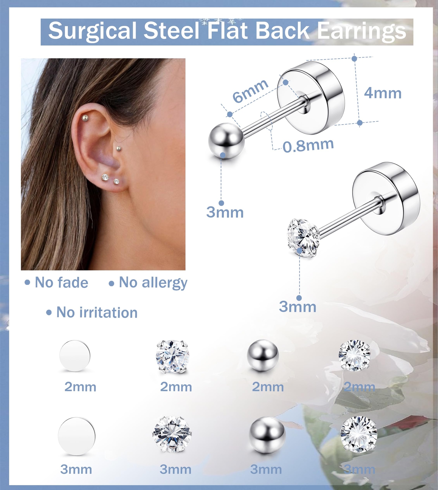 16 Pairs Tiny Cartilage Stud Earrings for Women Men Surgical Steel Flat Back