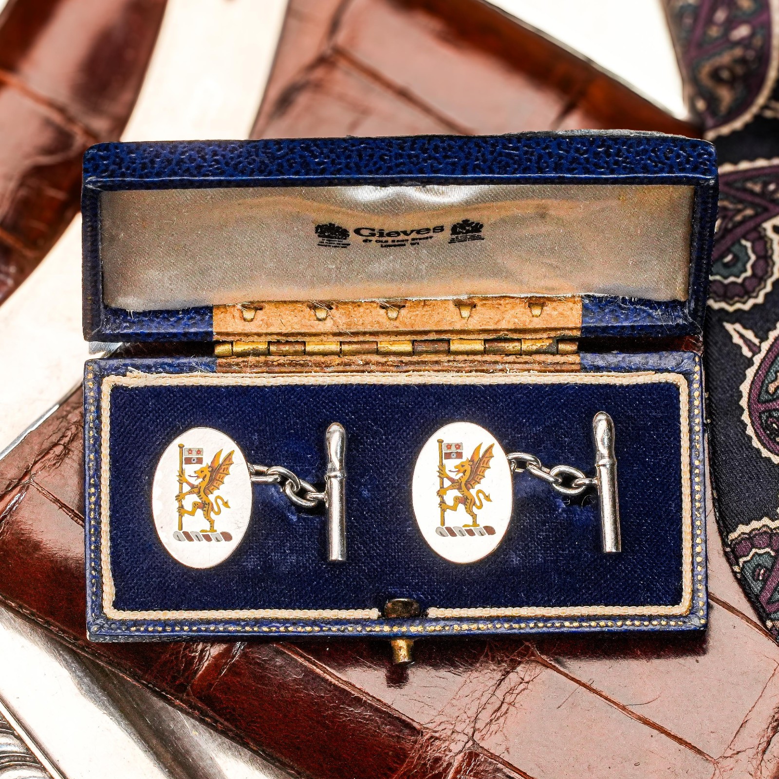 Striking Hand Painted Enamel Sterling Silver Antique English Cufflinks Armorial
