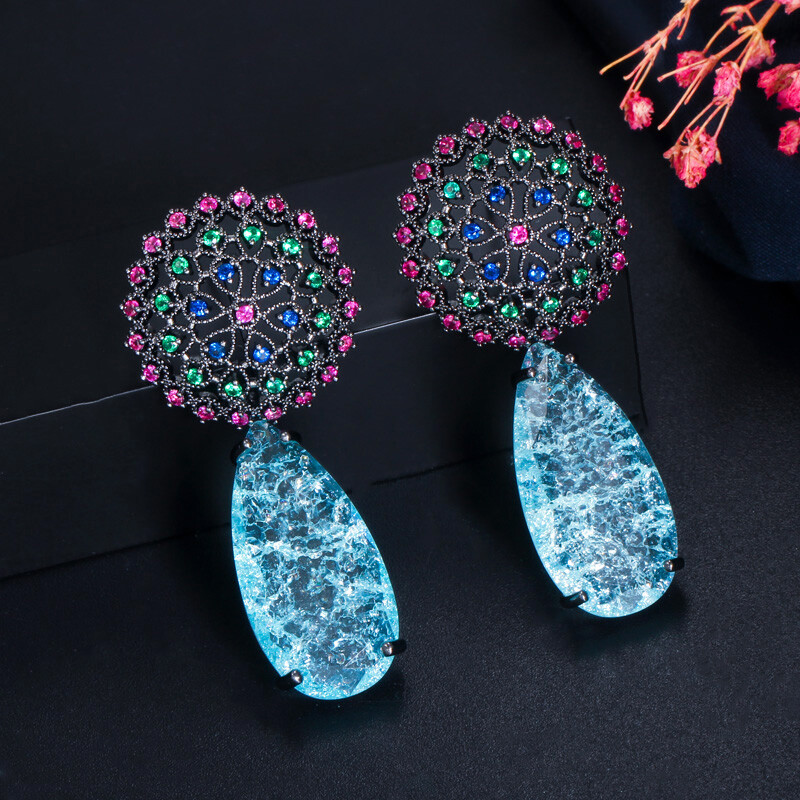 Ethnic Black Gold Plated Long Big Blue Water Drop Zircon Crystal Dangle Earrings