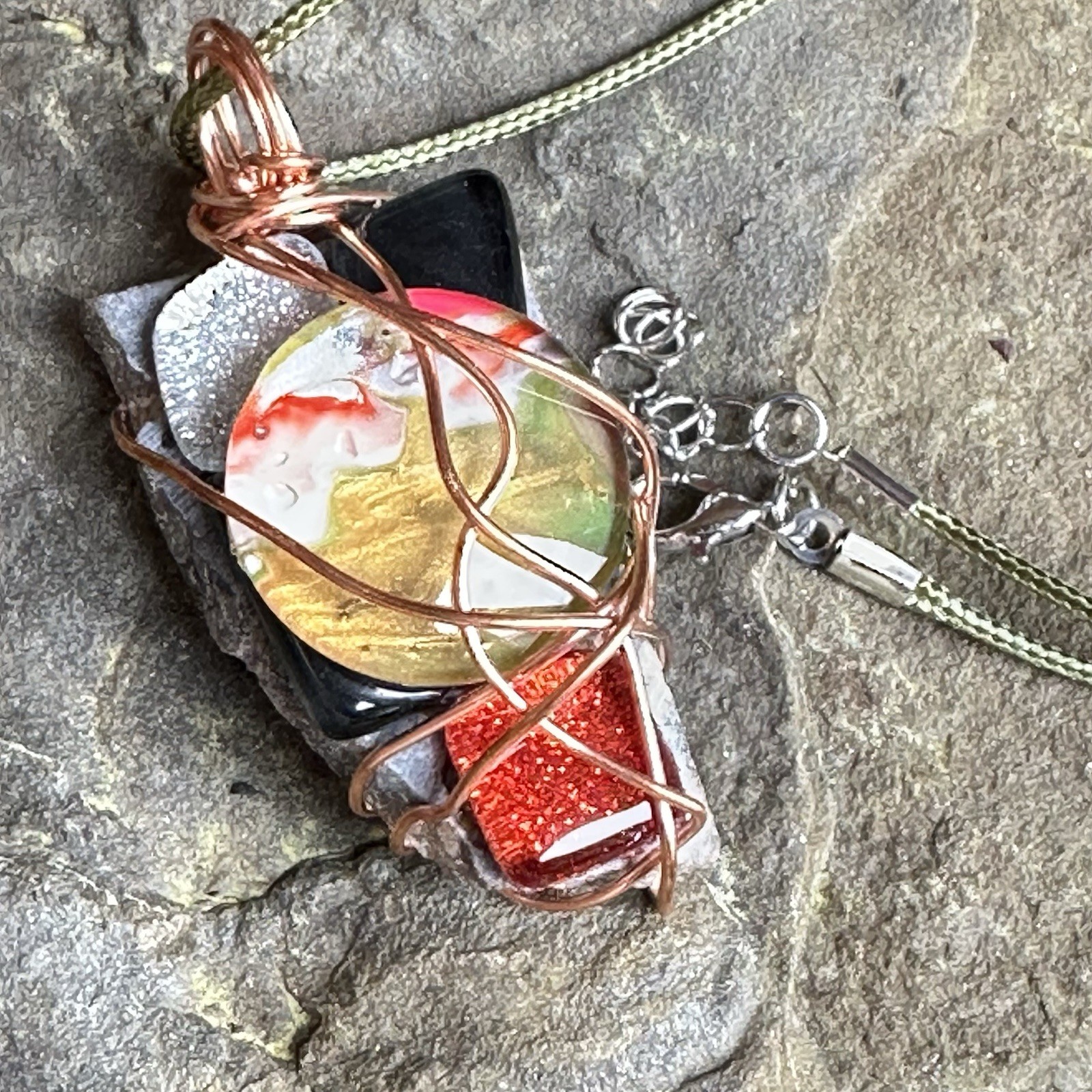 Pendant OOAK Handmade Artisan Wire Wrapped Glass And Stones 2204 S