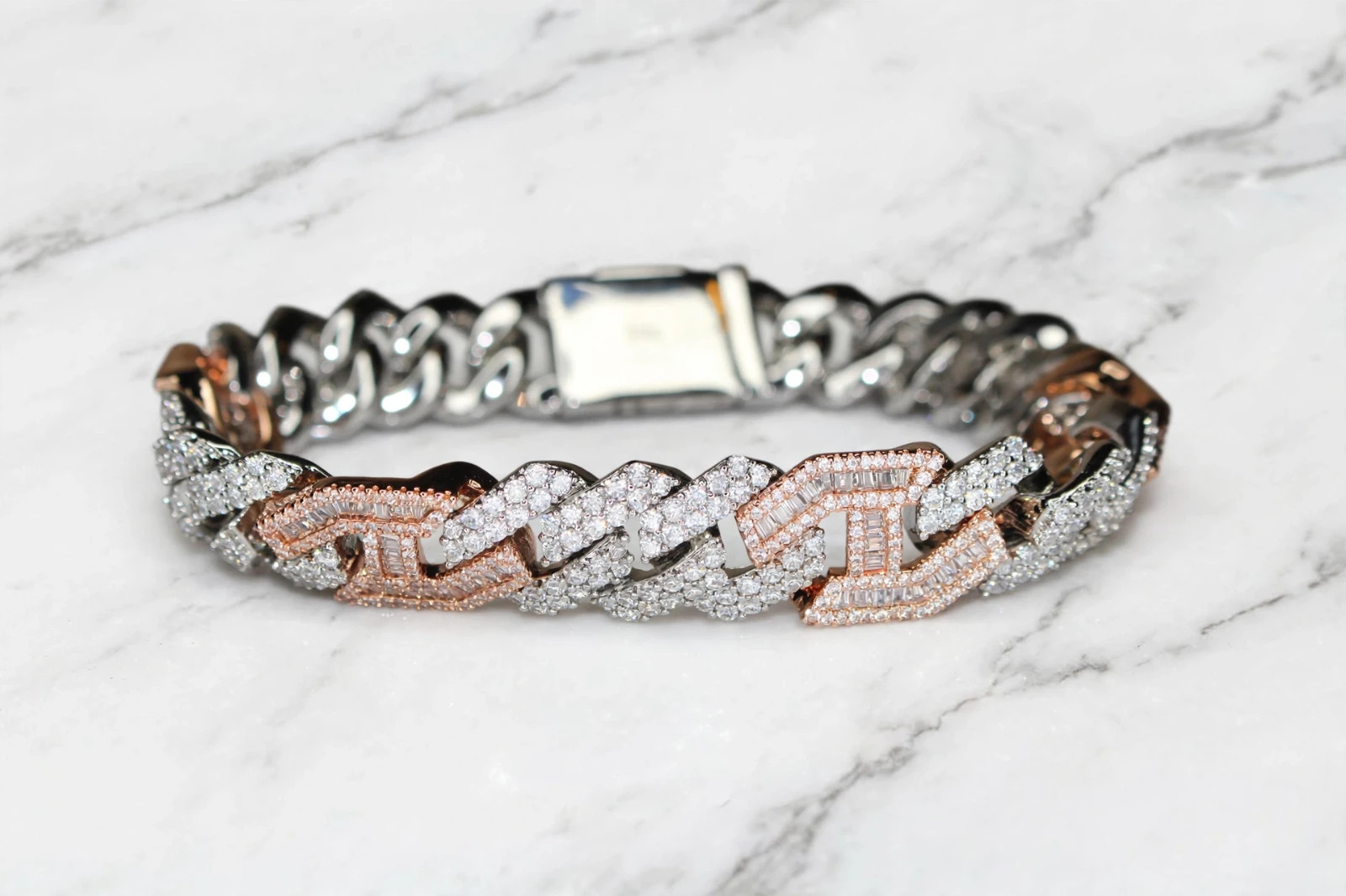 14 STAMPED 14mm FIGARUCCI 18ct Lab VVS1 Sim Diamonds Rose 2-Tone Bracelet 93g
