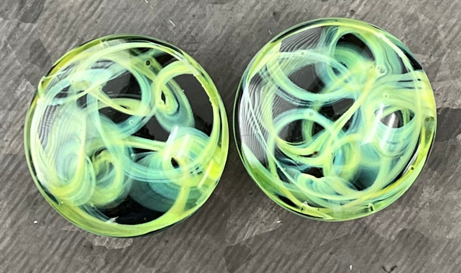PAIR of Green Swirling Smoke Style Pyrex Glass Double Flare Plugs Body Jewelry