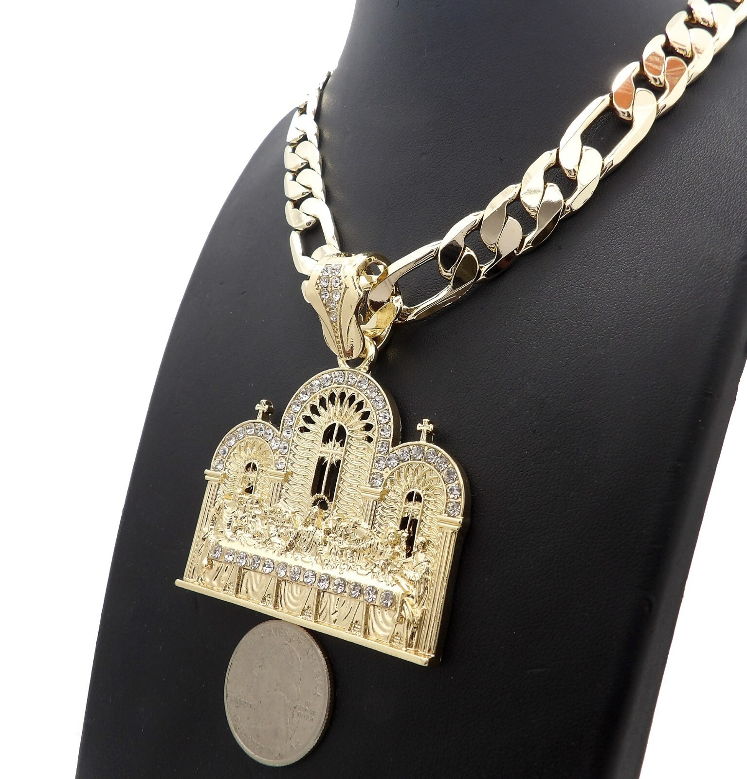Jesus Last Supper CZ Iced Pendant & 14K Stamped 10mm Brass Figaro Chain Necklace