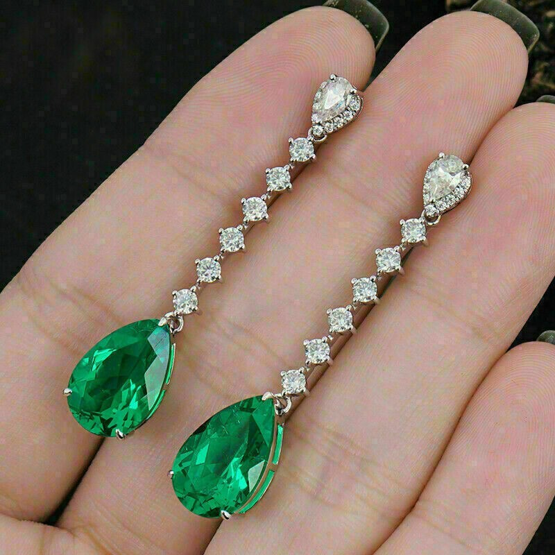 2.00 Ct Pear Cut Lab Created Green Emerald Drop Earrings 14K White Gold Finish