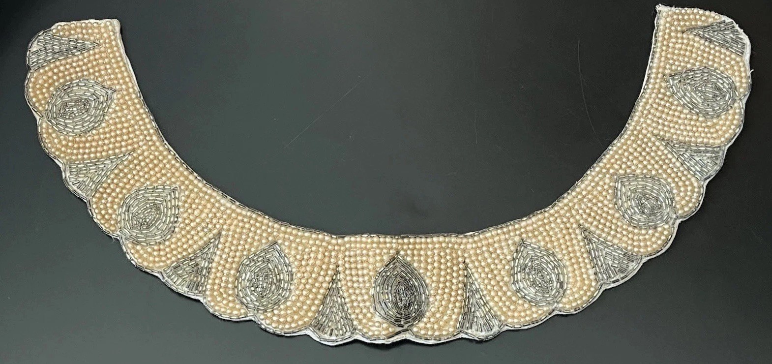 VTG Beaded Bib Collar Necklace Faux Pearl Choker Silver Beads Satin Back