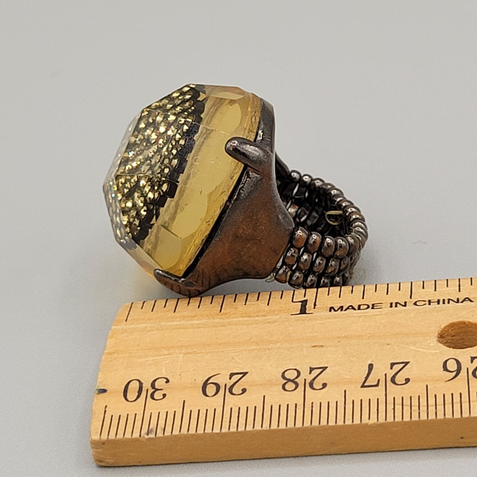 Faceted Dome Bulky Stretch Ring Statement With Gold Glitter Resin Glass Base