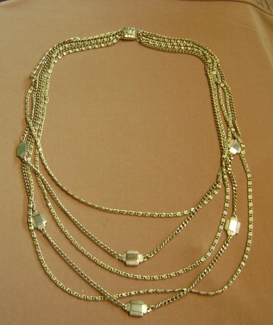 VINTAGE MULTIPLE 5 CHAIN FILIGREE PUSH LOCK CLOSURE GOLD TONE NECKLACE