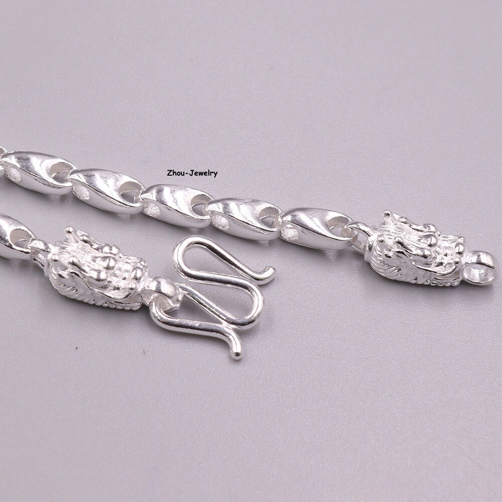 Pure S999 Fine Silver 999 Chain 4mm Triangle Bead Link Dragon Head Chain 26-27g