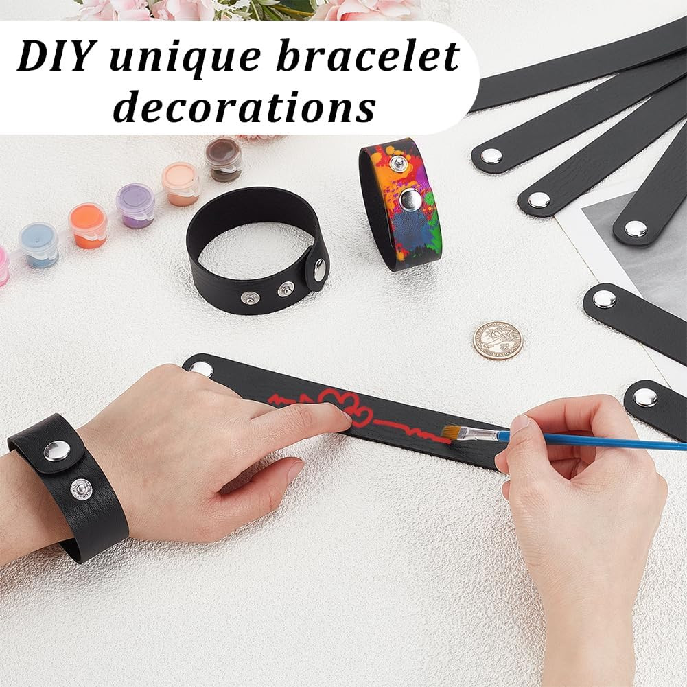 12Pcs Plain Punk Leather Bracelets, Black Snap Bracelets, Blank PU Leather Cuff