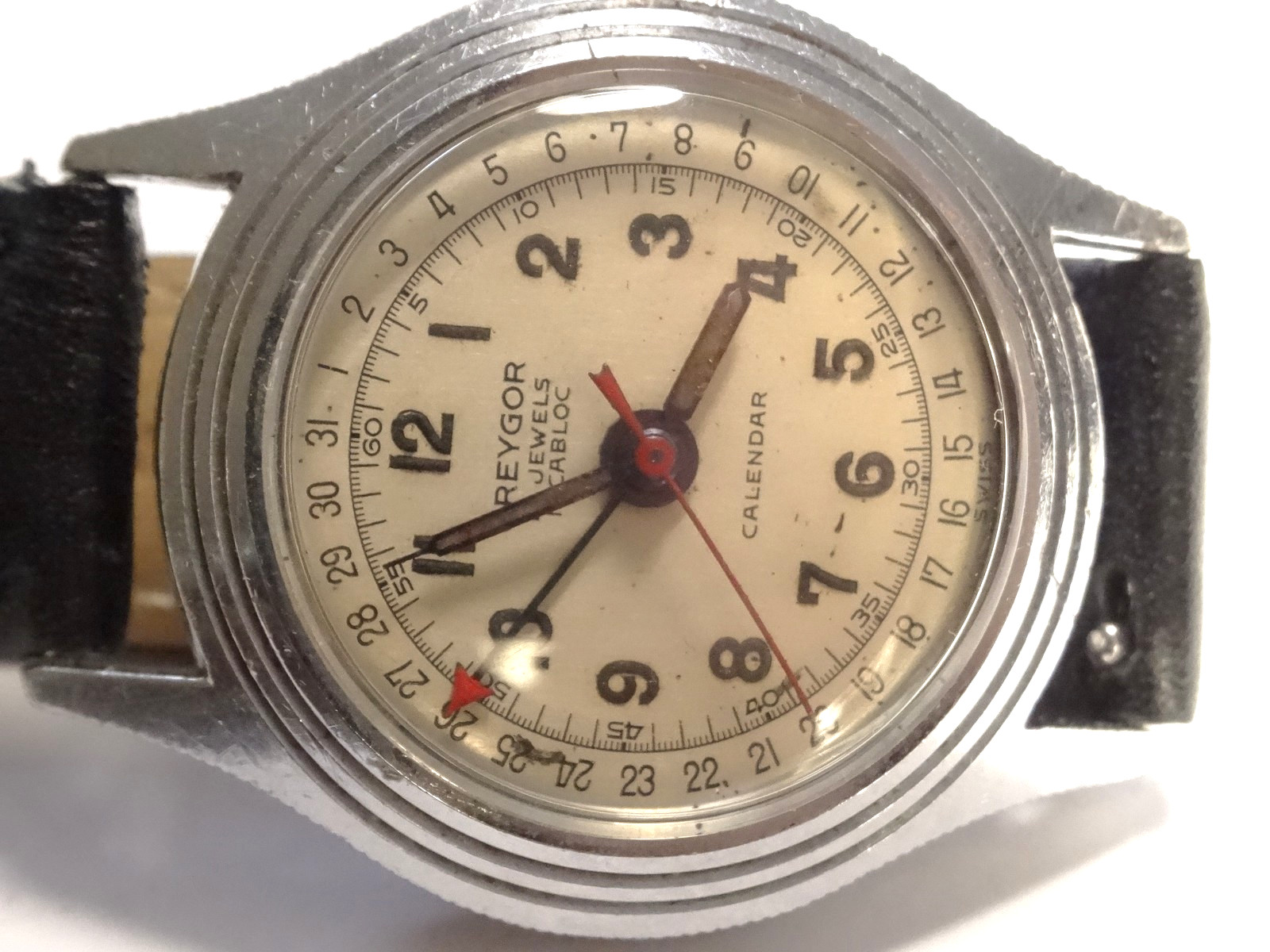 1950s Greygor Calendar 30mm 17J FHF28 Arrow Date Pointer Watch Stepped Case Runs