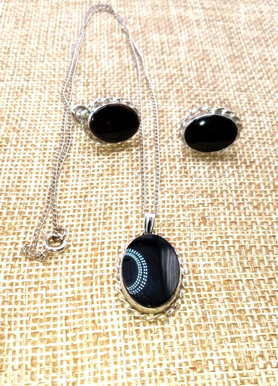 Vtg Van Dell Classic Sterling Silver Black Onyx 18 In Necklace & SB Earrings