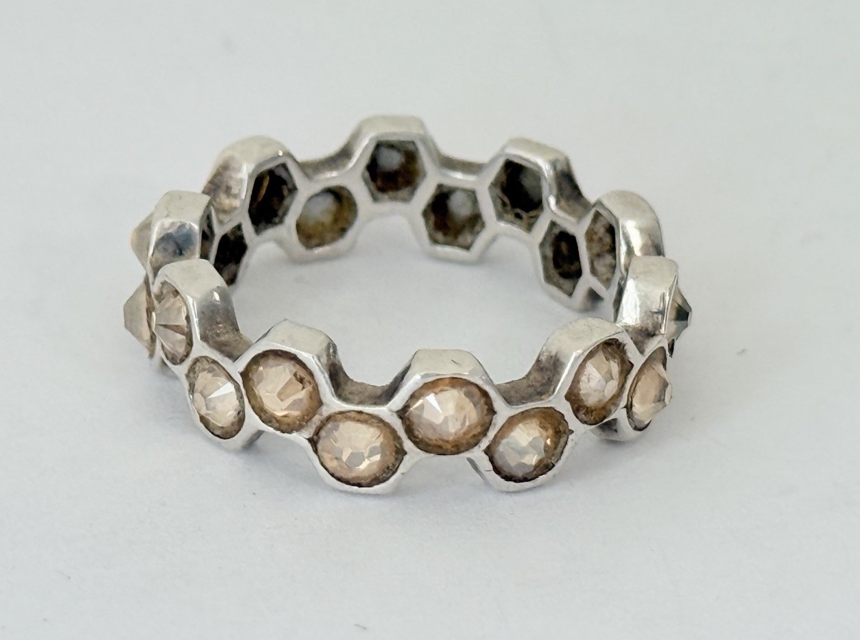 Mignon Faget 925 Sterling Silver Honey Crystal Hive Honeycomb Ring Size 8