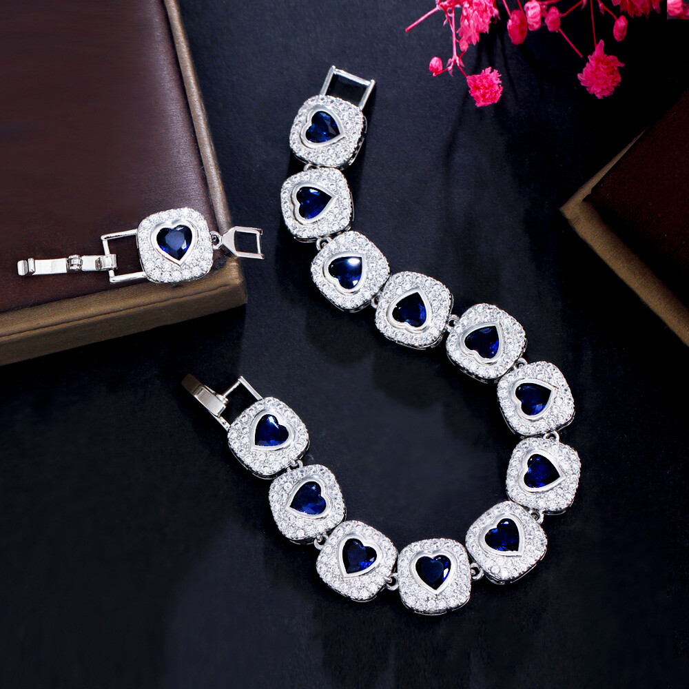 Women Lovely Silver Plated Pink Heart Cubic Zirconia Big Tennis Bracelet Wedding