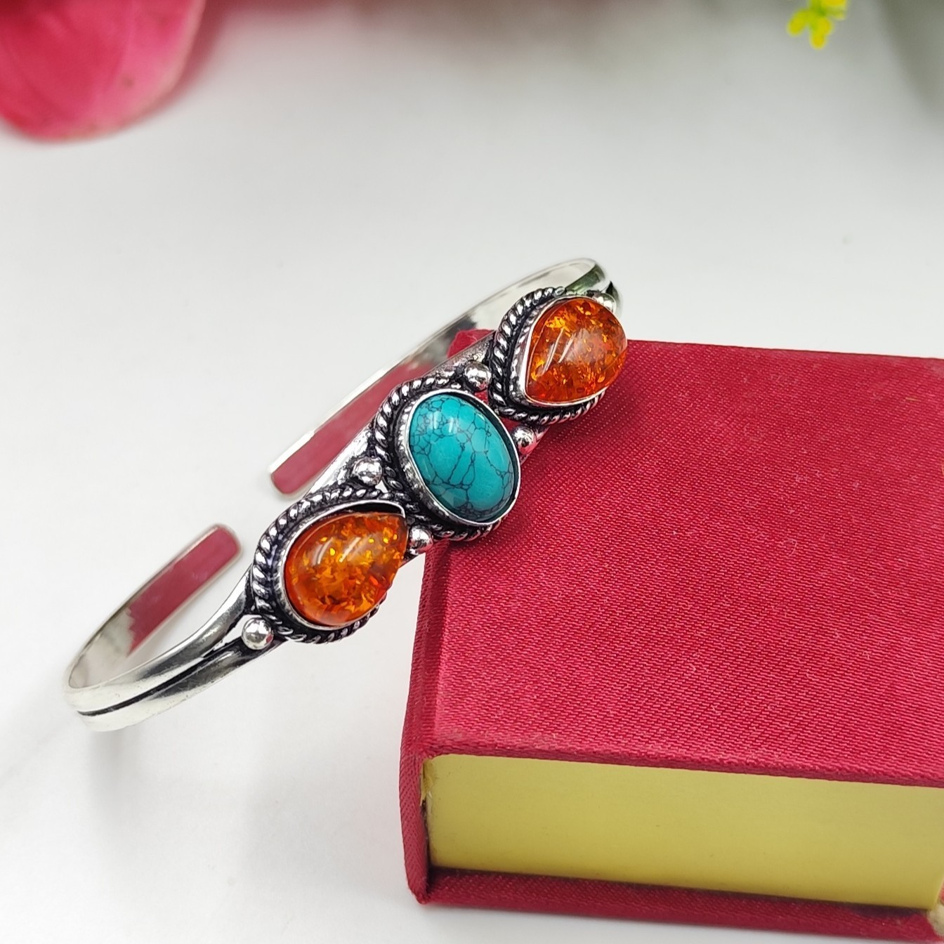 Amber&Turquoise Gemstone 925 Sterling Silver Jewelry Cuff Bracelet Adjustable”