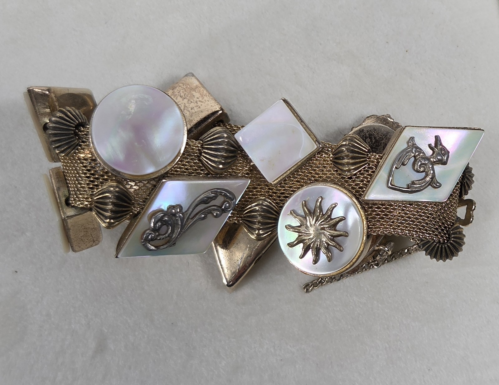 Vintage VICTORIAN ABALONE Goldtone MOTHER OF PEARL Charm Mesh BRACELET 7.5″L