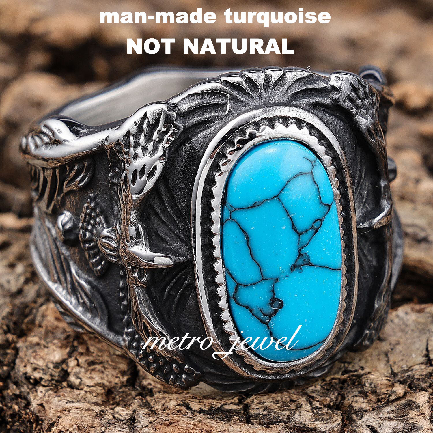 JXC Men’s Large Native Indian Turquoise Stone Eagle Biker Ring For Men Size 7-15