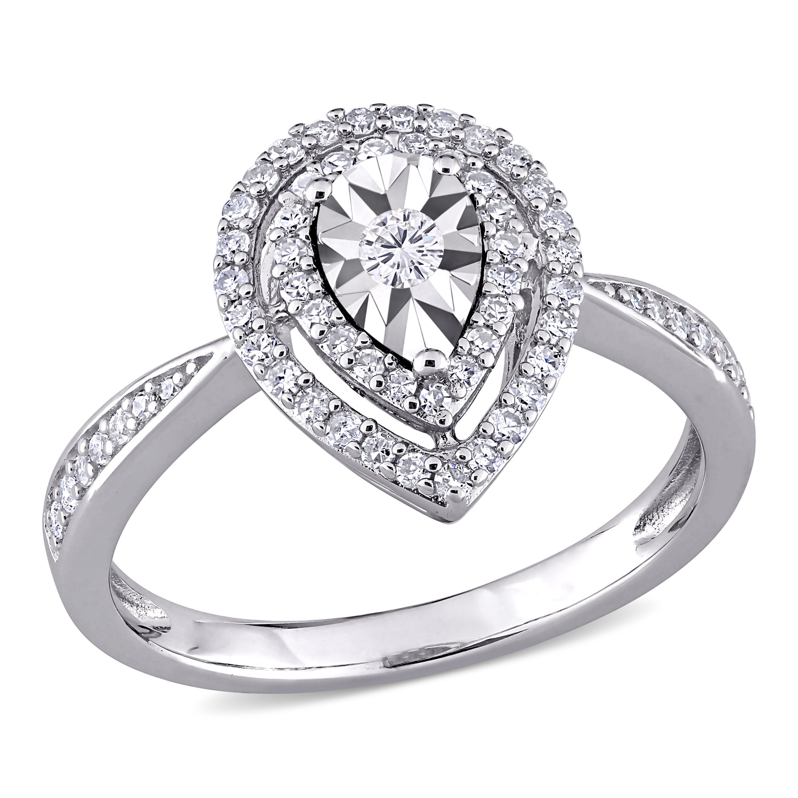 Amour Sterling Silver 3/8CT TDW Diamond Floating Teardrop Halo Engagement Ring