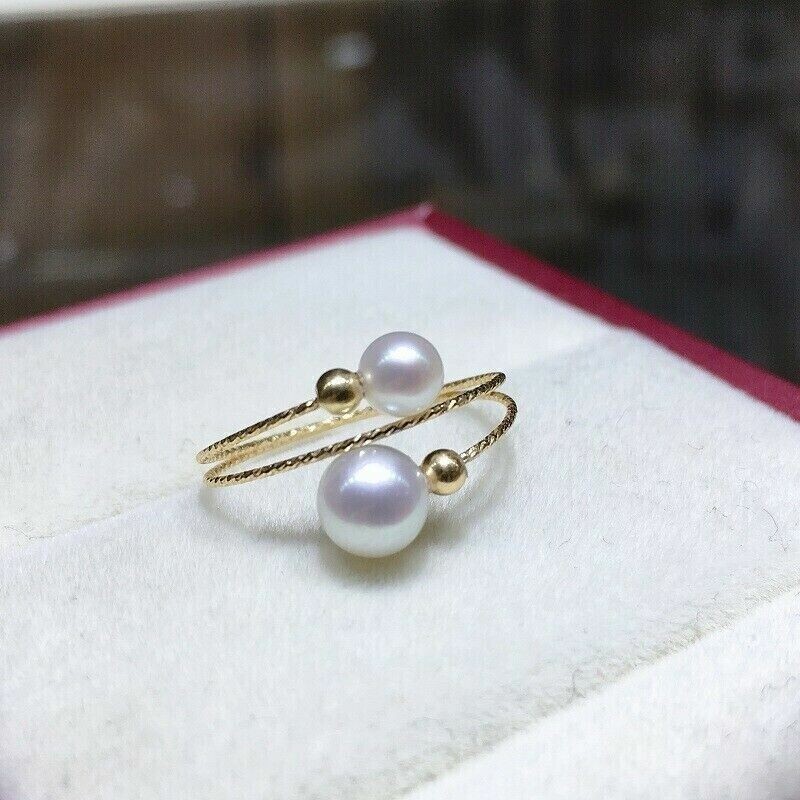 Stunning AAA+ 7-5mm real natural AKOYA WHITE round adjustable pearl rings 18k