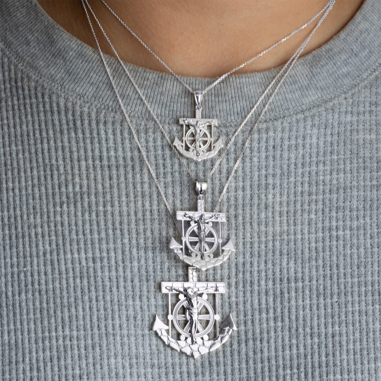 .925 Sterling Silver Mariners Anchor Jesus Cross Nugget Pendant Necklace (S/M/L)