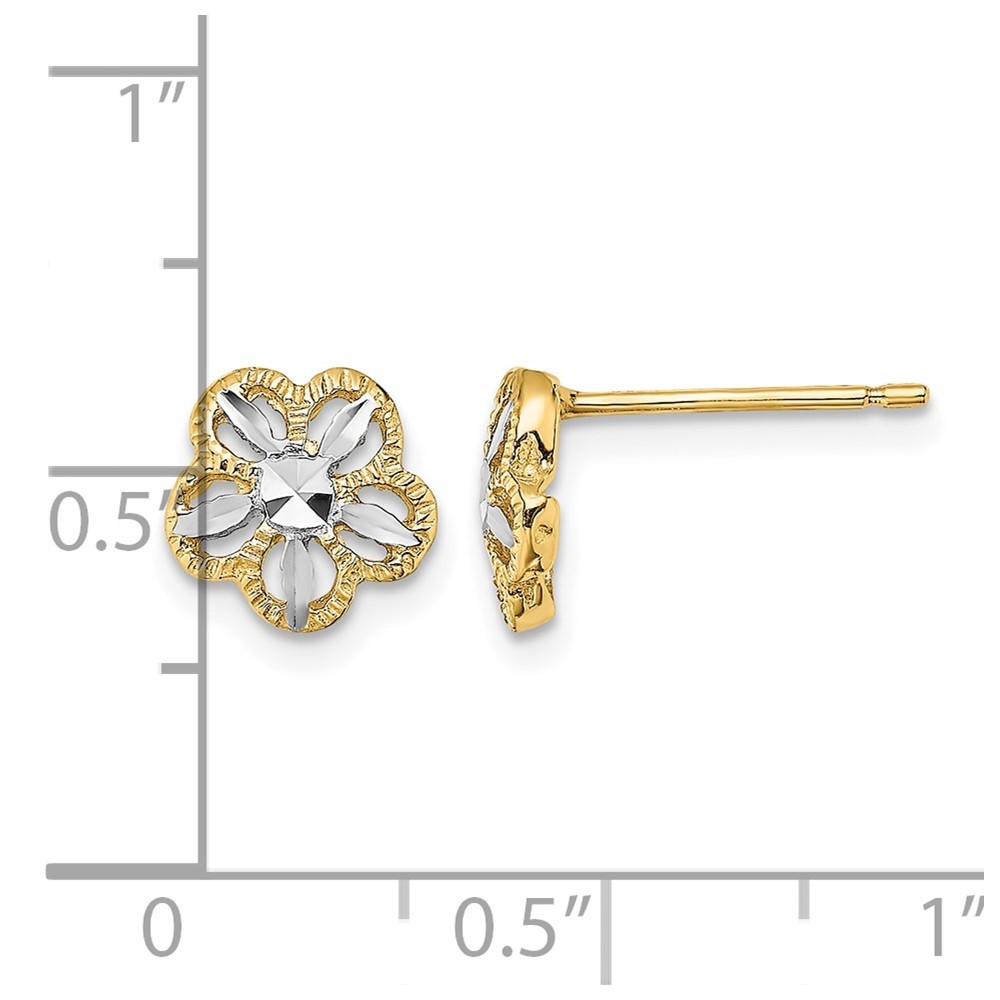 14k Yellow Gold Rhodium Diamond-cut Flower Stud Earrings Perfect Gift for Her