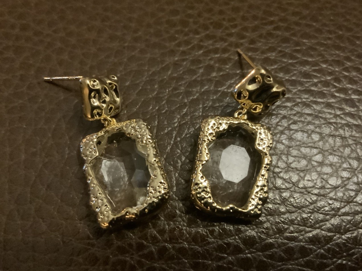 Molten Gold Earrings Hammered Crystal Clear Artisan VTG Fairycore Liquid Boho