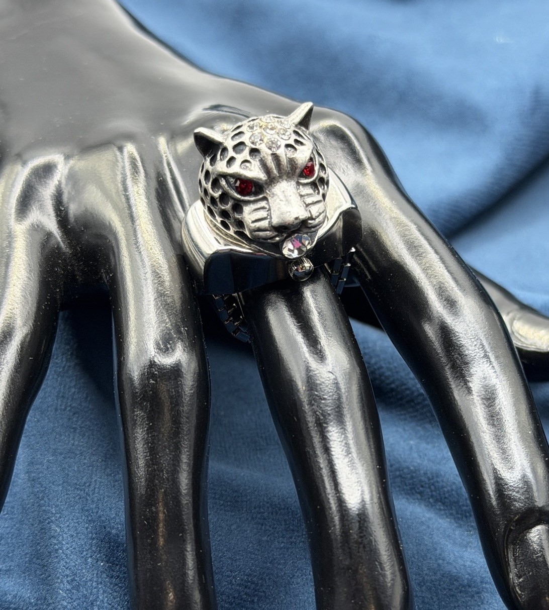 Strada Panther Ring Watch Grey Rhinestones Face Adjustable Hidden Silver Tone