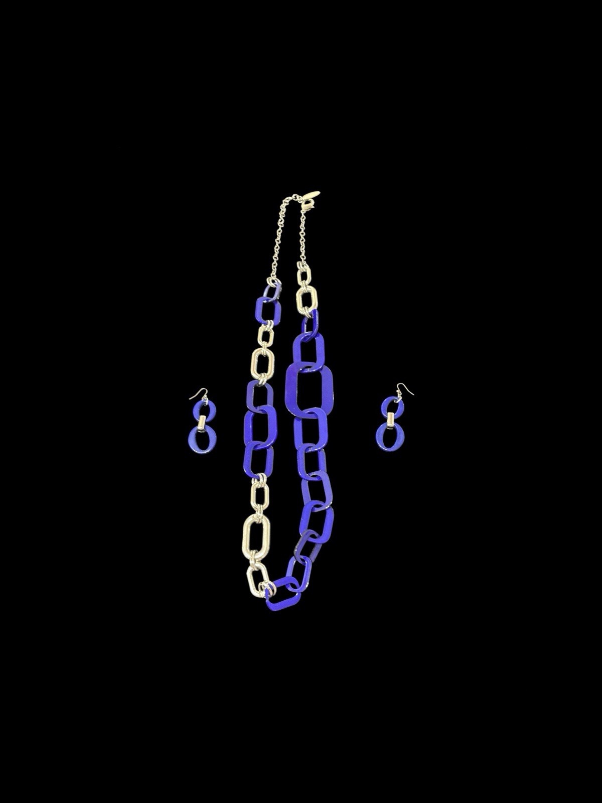 Chico’s Blue/Silver Chain Link Statement Necklace & Earrings Set 38” 92g,Signed