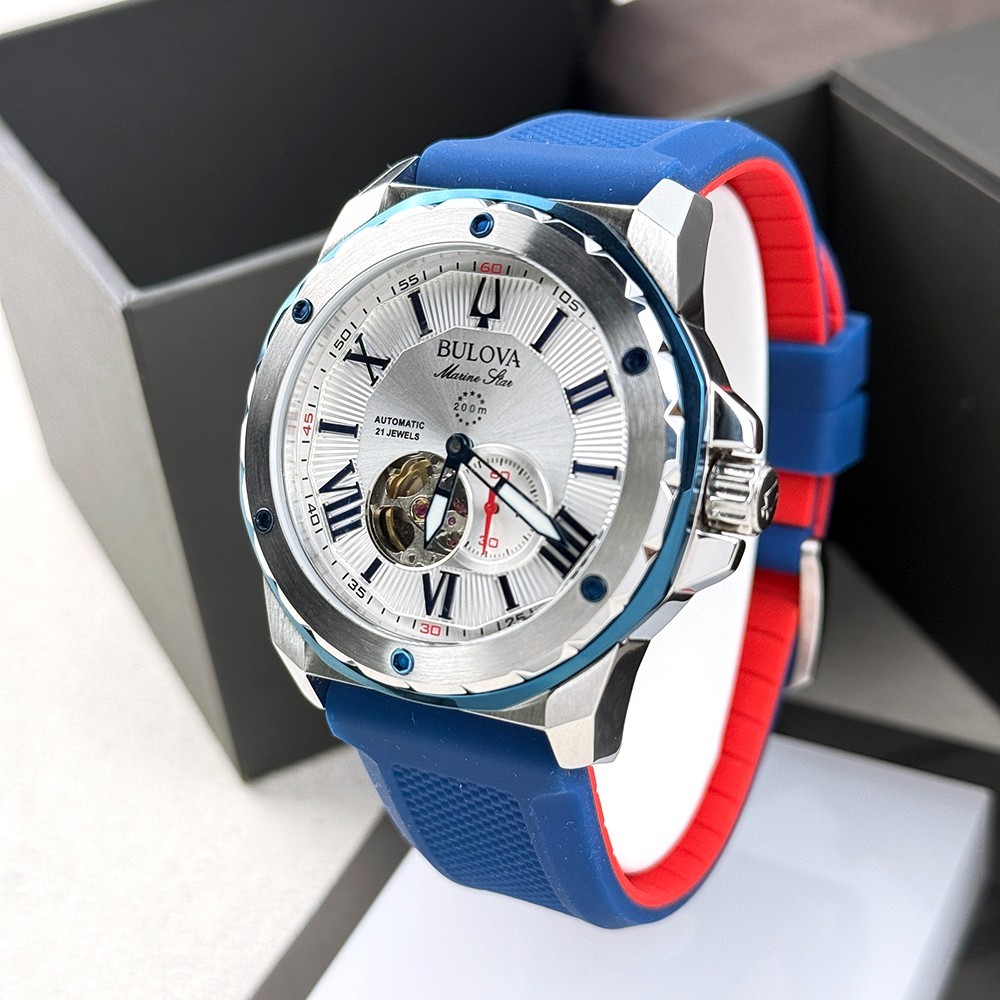 Bulova Men’s Marine Star White Dial Rubber Strap Automatic Watch 98A225