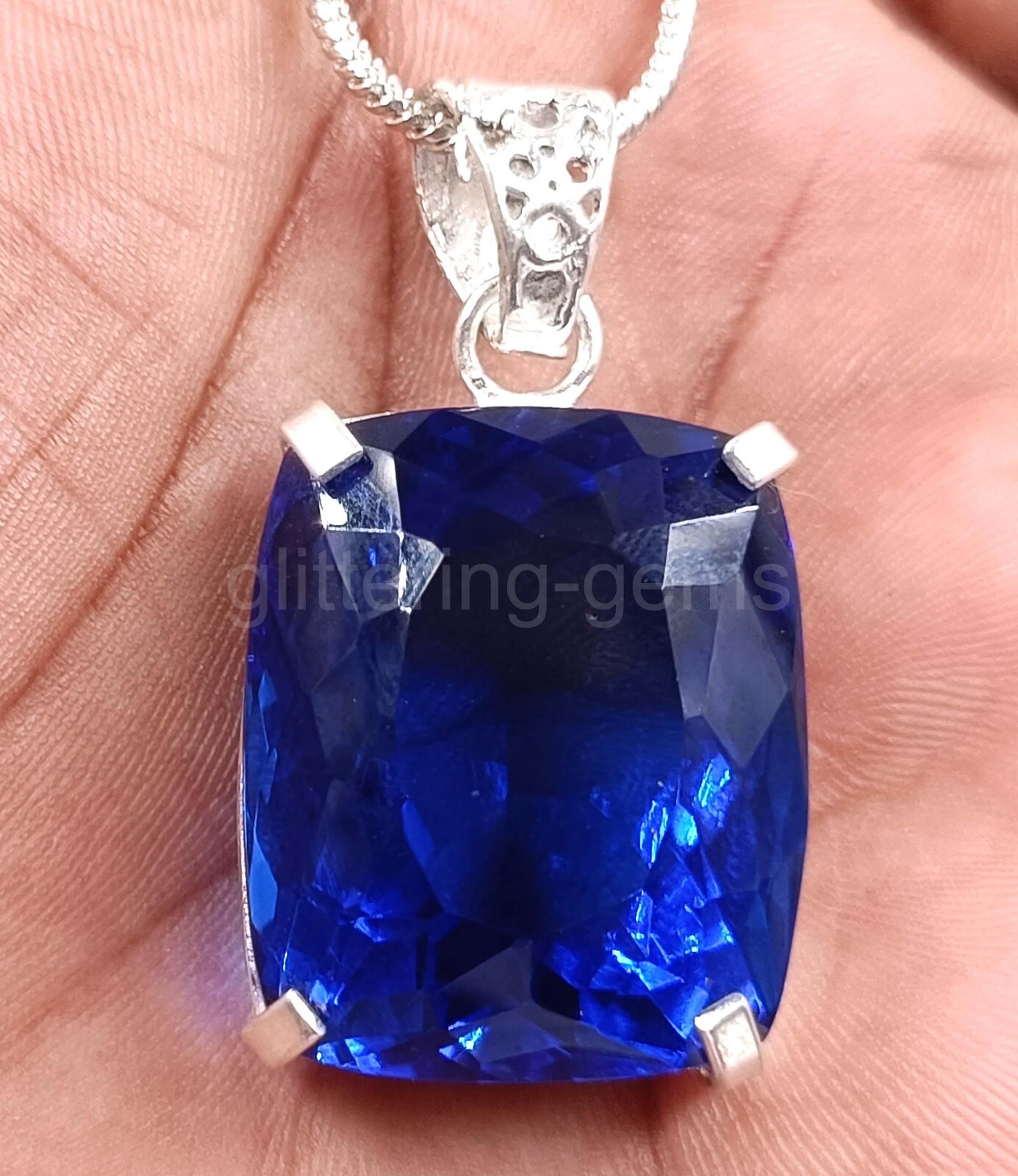 Natural Blue Sapphire 74.65Ct Cushion Cut 925 Solid Silver Pendant Gemstone 5AIT