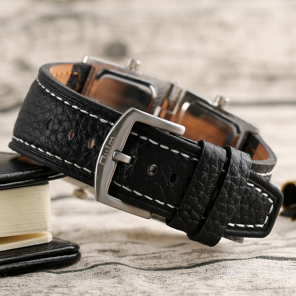 Oulm Men’s Steampunk Quartz Watch Muliti Time Zone Leather Strap Wristwatch Gift
