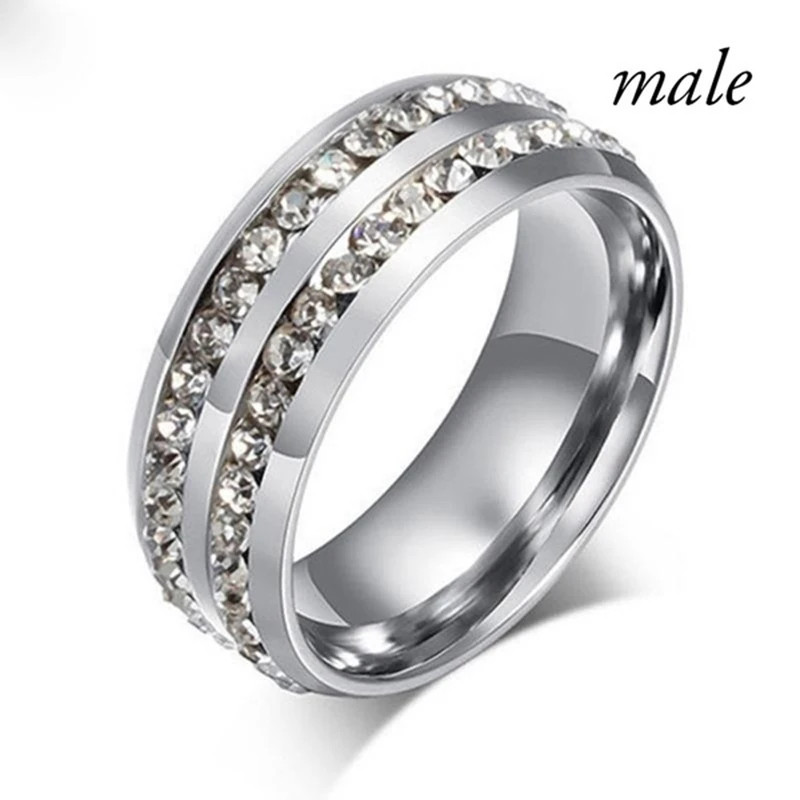 Stainless Steel Ring Marquise Cut Crystal Two Row Wedding Band Women Jewelry