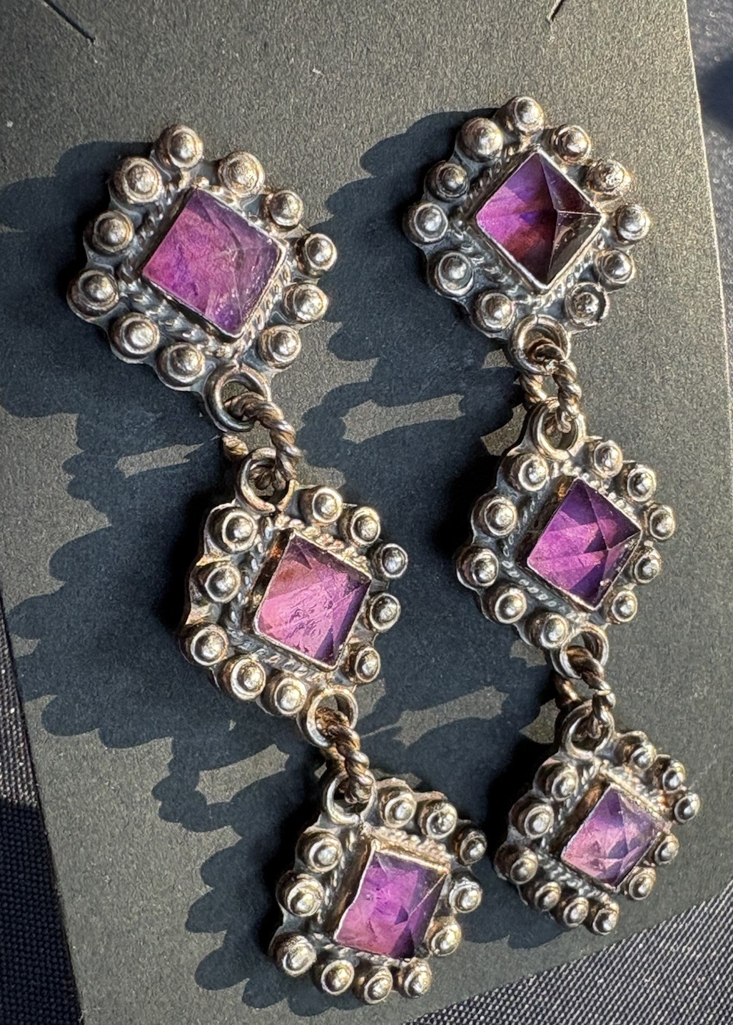 Vintage Pyramid Amethyst Sterling 2.75” Earrings 32g signed NM 925 Mexico RARE