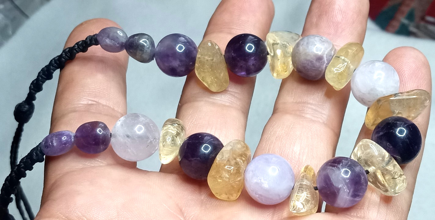Genuine Citrine big chips and Amethyst handmade and adjustable necklace.