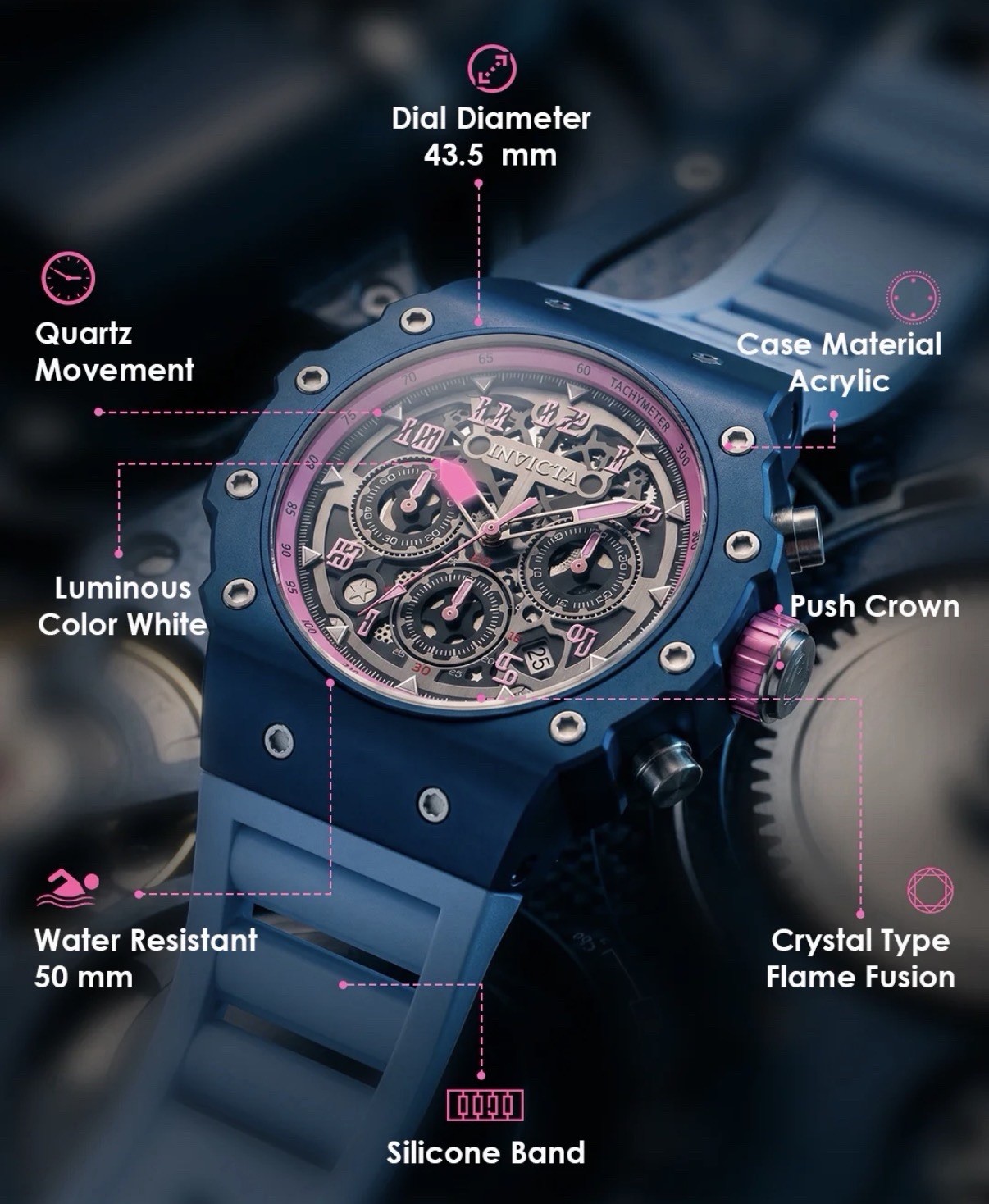 Invicta Racing Quartz Silver Dial, Quartz, Working Chronograph. Pink/Blue/Black!