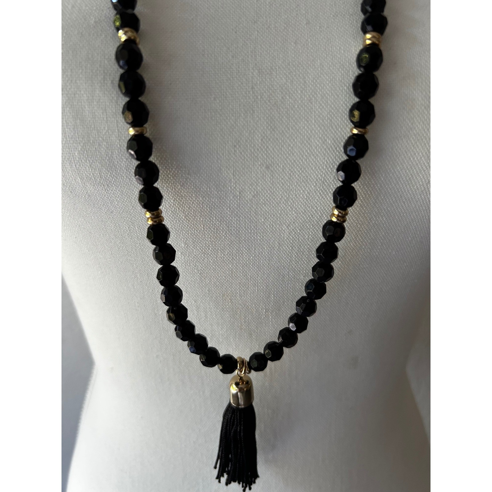 Black Faceted Bead Gold Tone Tassel Long Station Necklace 35.5 Inch