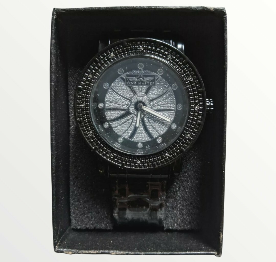 King Master Men’s Black Diamond Watch 0.12ct Bezel Stainless Steel Quartz 50mm