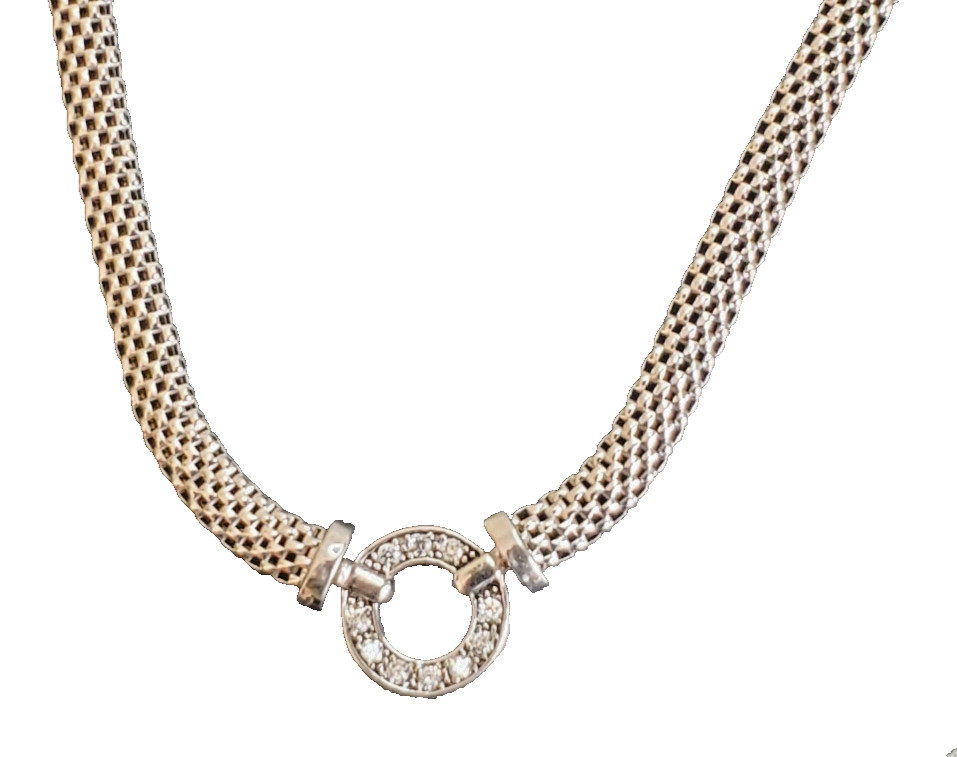 Sterling Silver Mesh Chain Necklace CZ Station Pendant 16 inches Long Made Italy