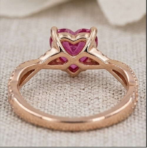 4Ct Heart Cut Simulated Pink Ruby/CZ Ring Twisted Pave Band 14k Rose Gold Finish