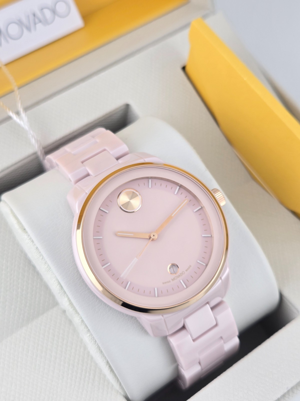 Movado Bold Verso Women’s Blush Dial Ceramic Swiss Watch – 3600935 ($895 MSRP)