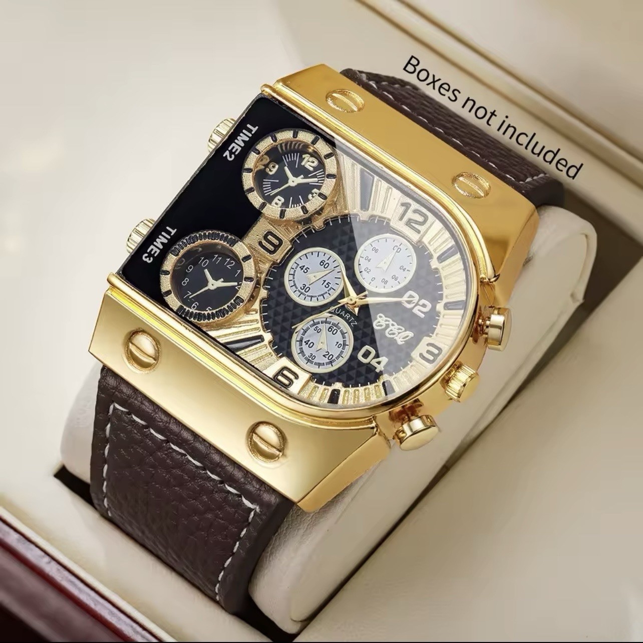 Men’s Quartz Analog Wristwatch Rectangle 47mm Black/Silver Dial Brown Leather