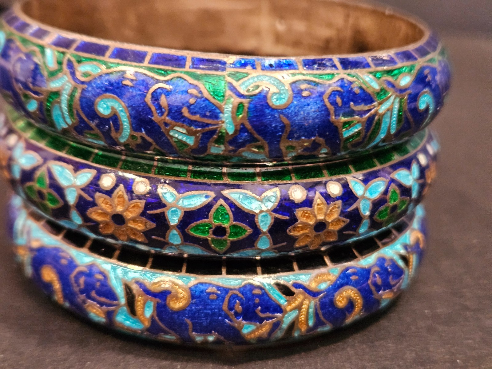 Set of 3 Cloisonne Bangle Bracelets Jaipur, India Navy/Turq/Green 925 Silver