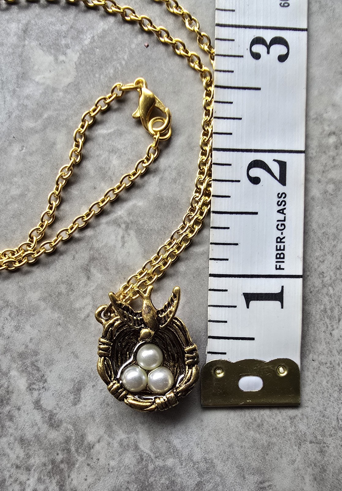 Antique Bronze Sparrow Bird & Nest Faux Pearl Eggs Pendant Necklace Vtg Style