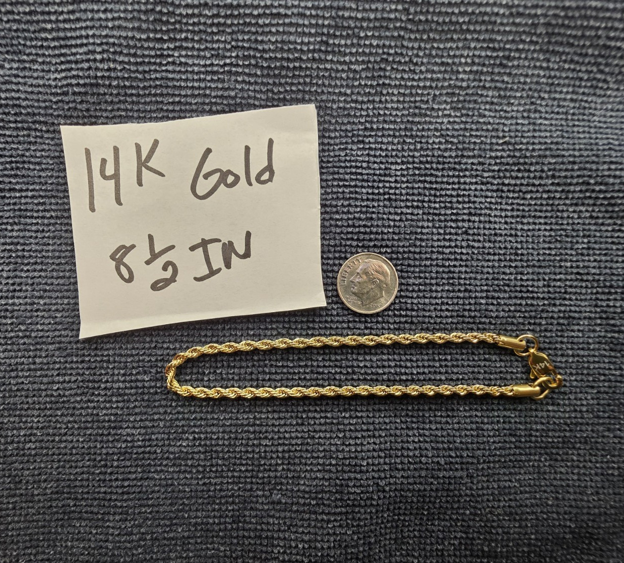 14K Yellow Gold Filled Rope Chain Bracelet 8 in Lobster Clasp Signed