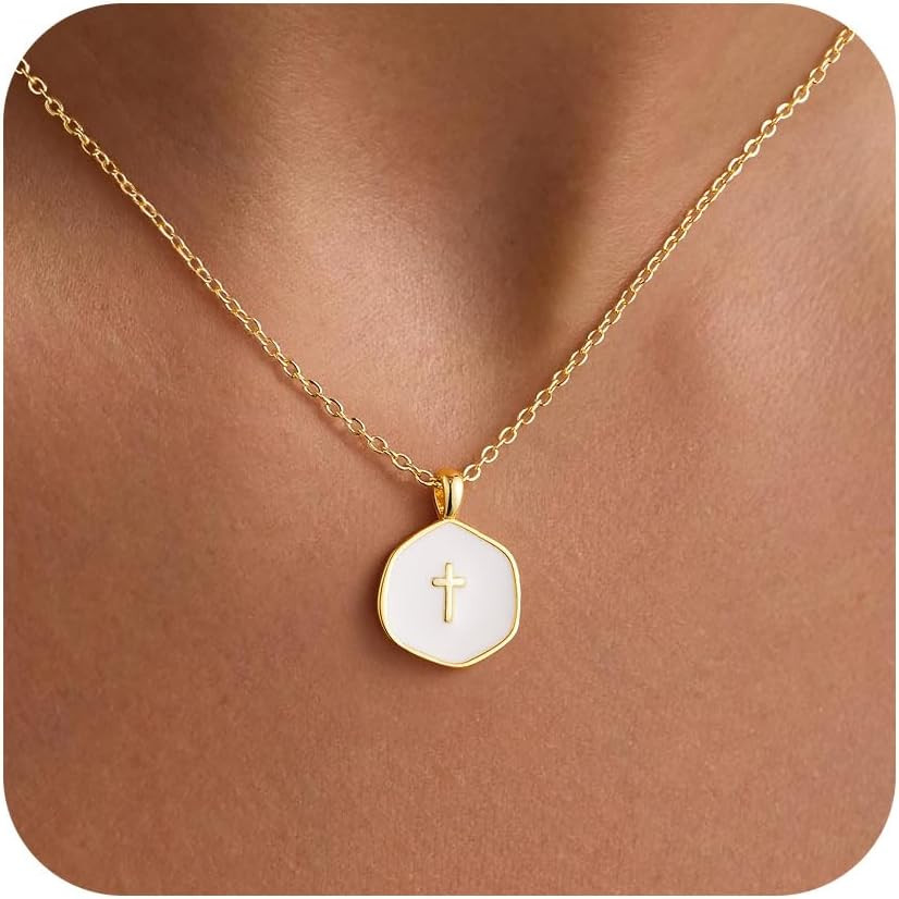 Enamel Mini Cross Necklace for Women Girl, 14K Gold Plated Jewelry | Small Gold